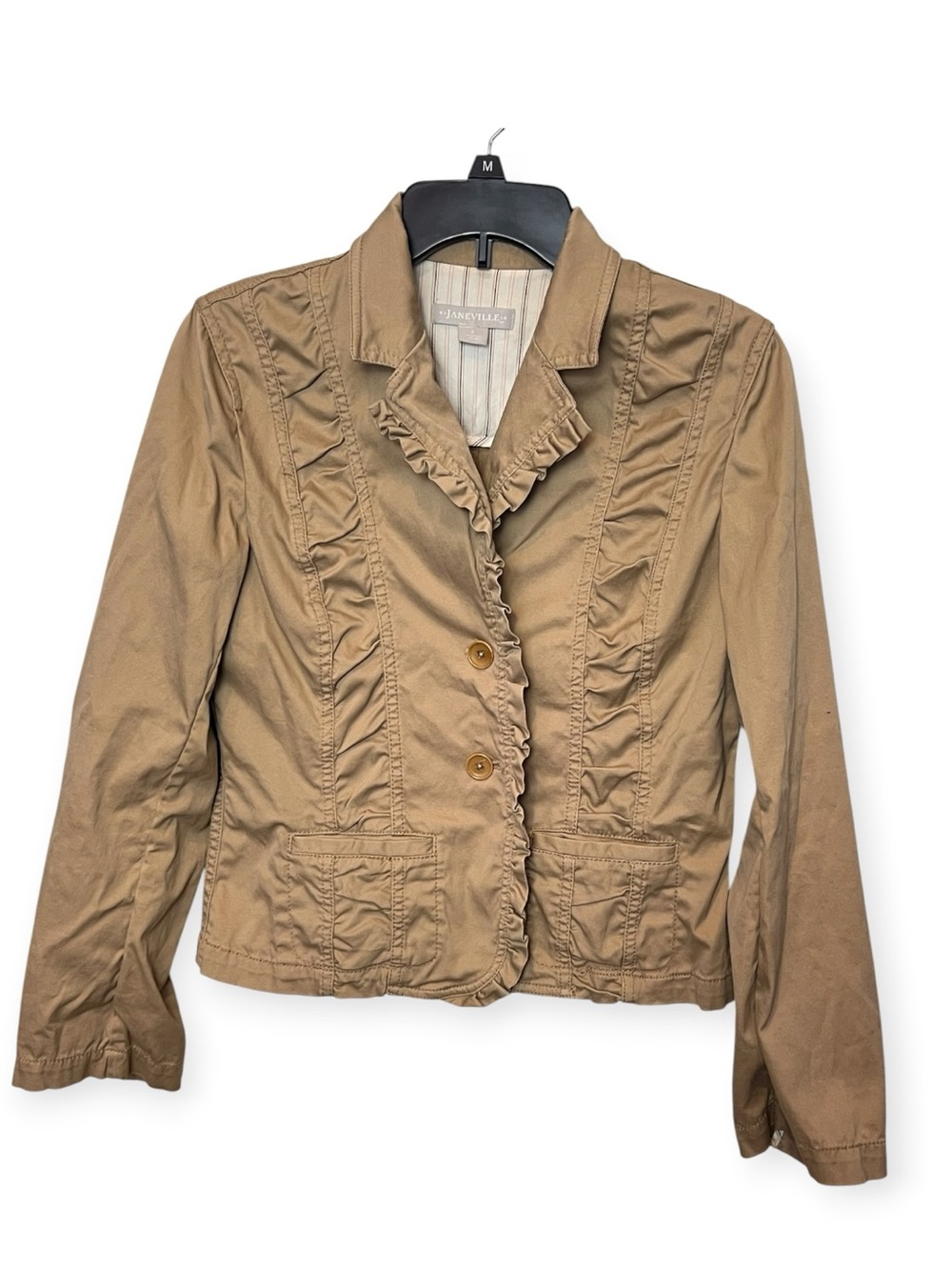 Janeville Tan Ruffle Trim Blazer Jacket Size 6 Cottagecore Utility Structured